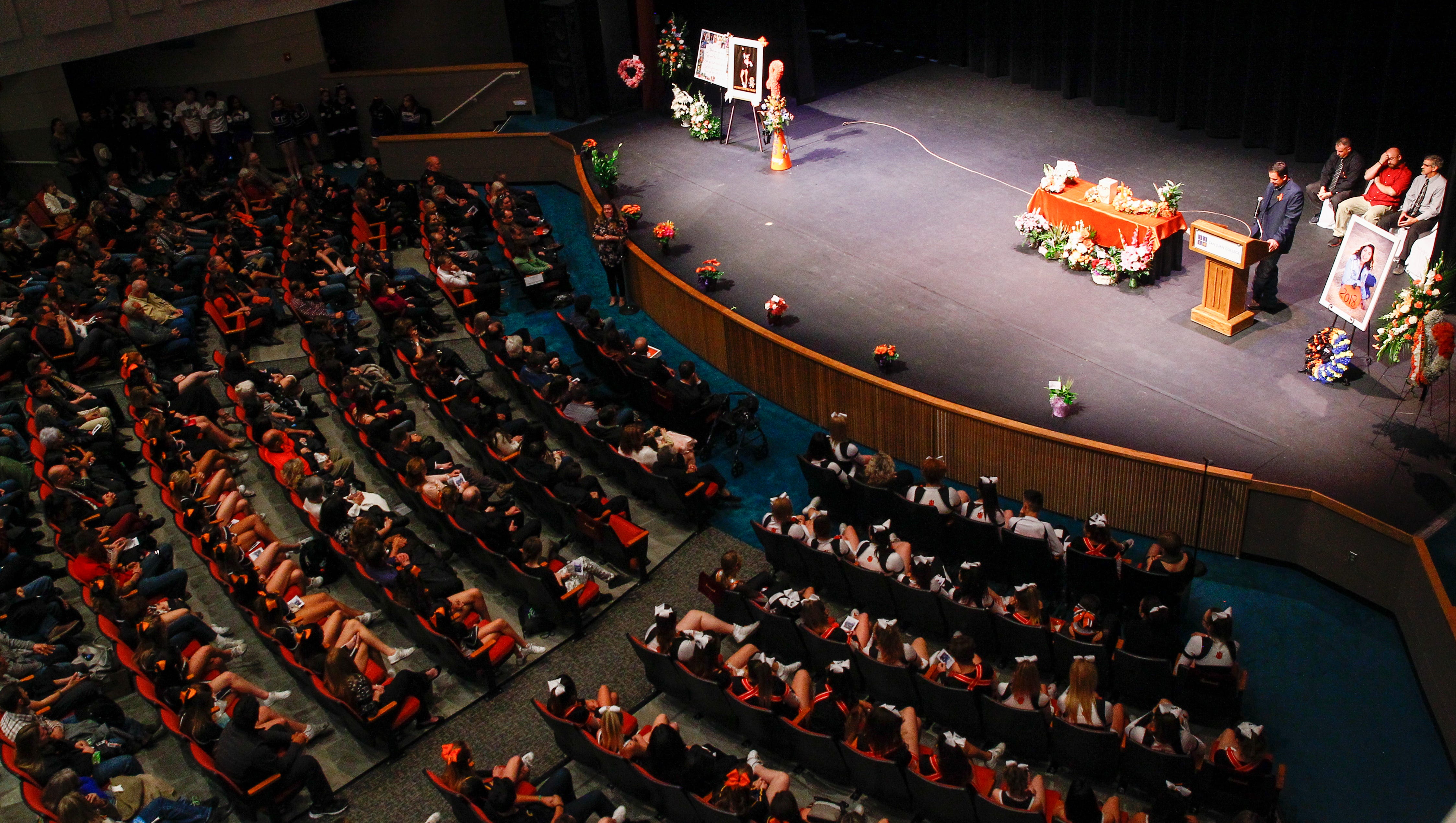 Community members gather for the funeral service for Casey Jordan Marquez on Sunday at the San Juan College Henderson Fine Arts Center Performance Hall in Farmington.
