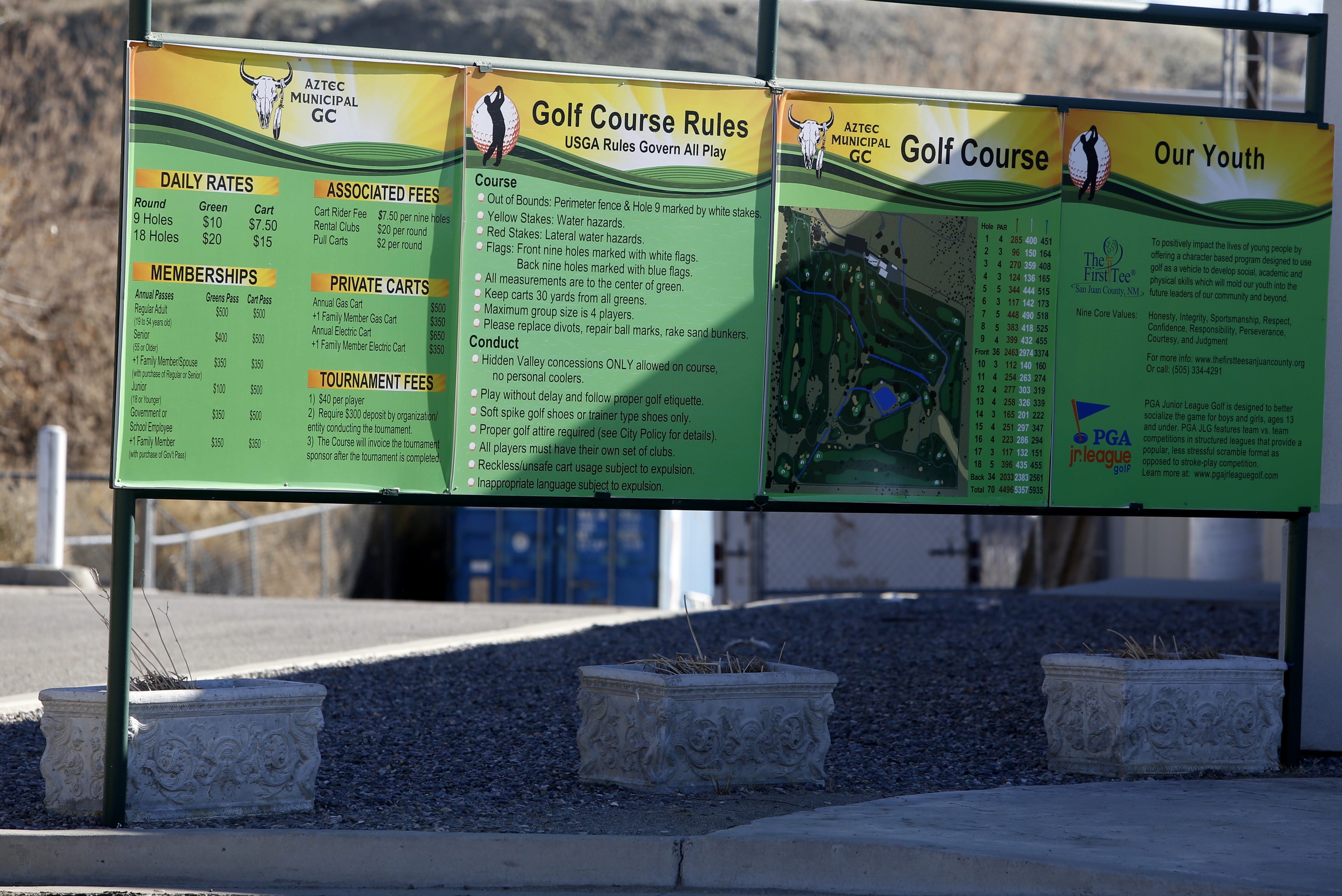 A sign is pictured on Thursday, Dec. 13, 2018, at Aztec Municipal Golf Course. The course faces an uncertain future as Aztec's leaders decide whether to continue its lease.