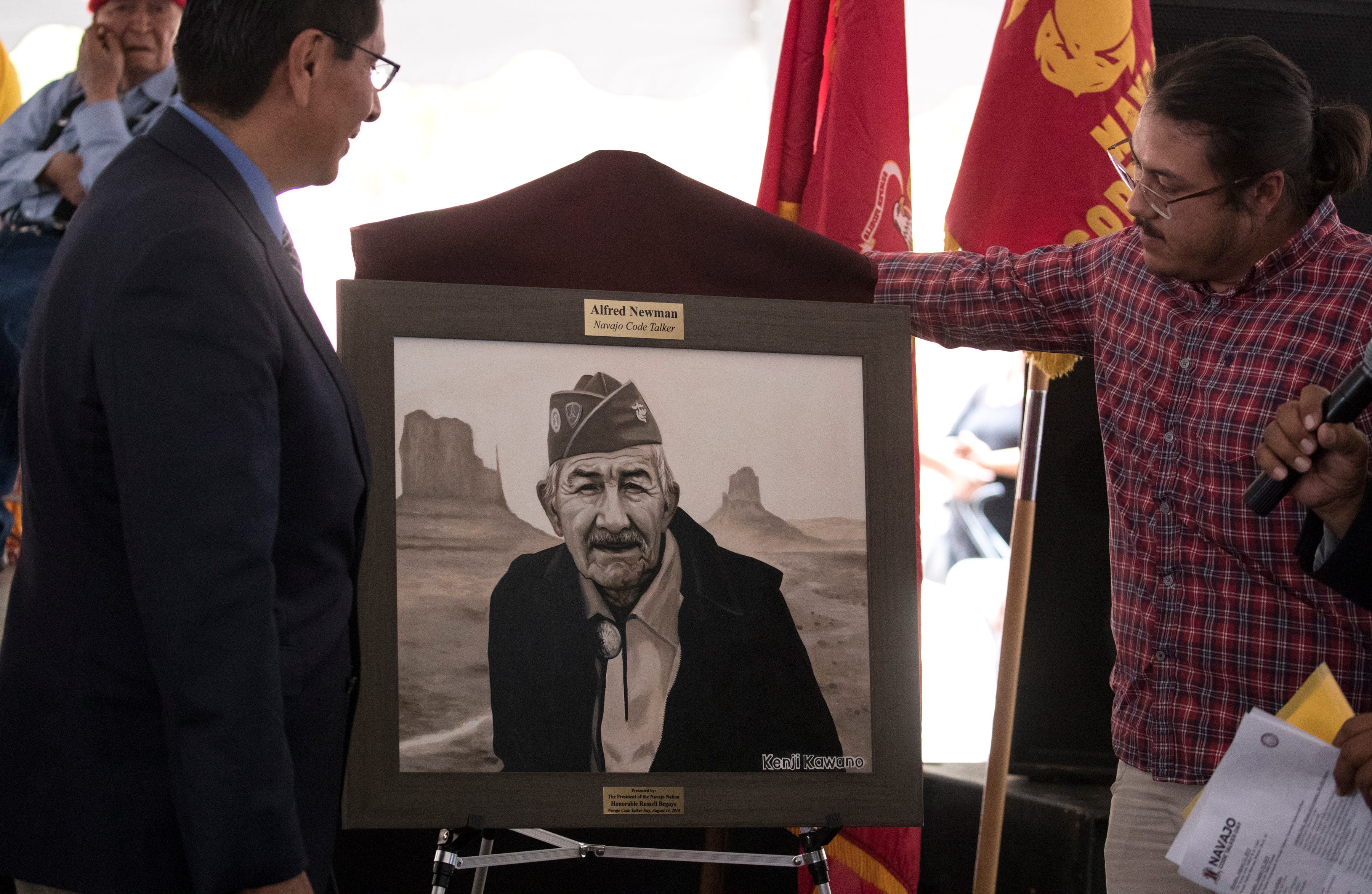 A portrait of Navajo Code Talker Alfred K. Newman is unveiled during the Navajo Nation Code Talkers Day ceremony Aug. 14, 2018, at the Veterans Memorial Park in Window Rock.