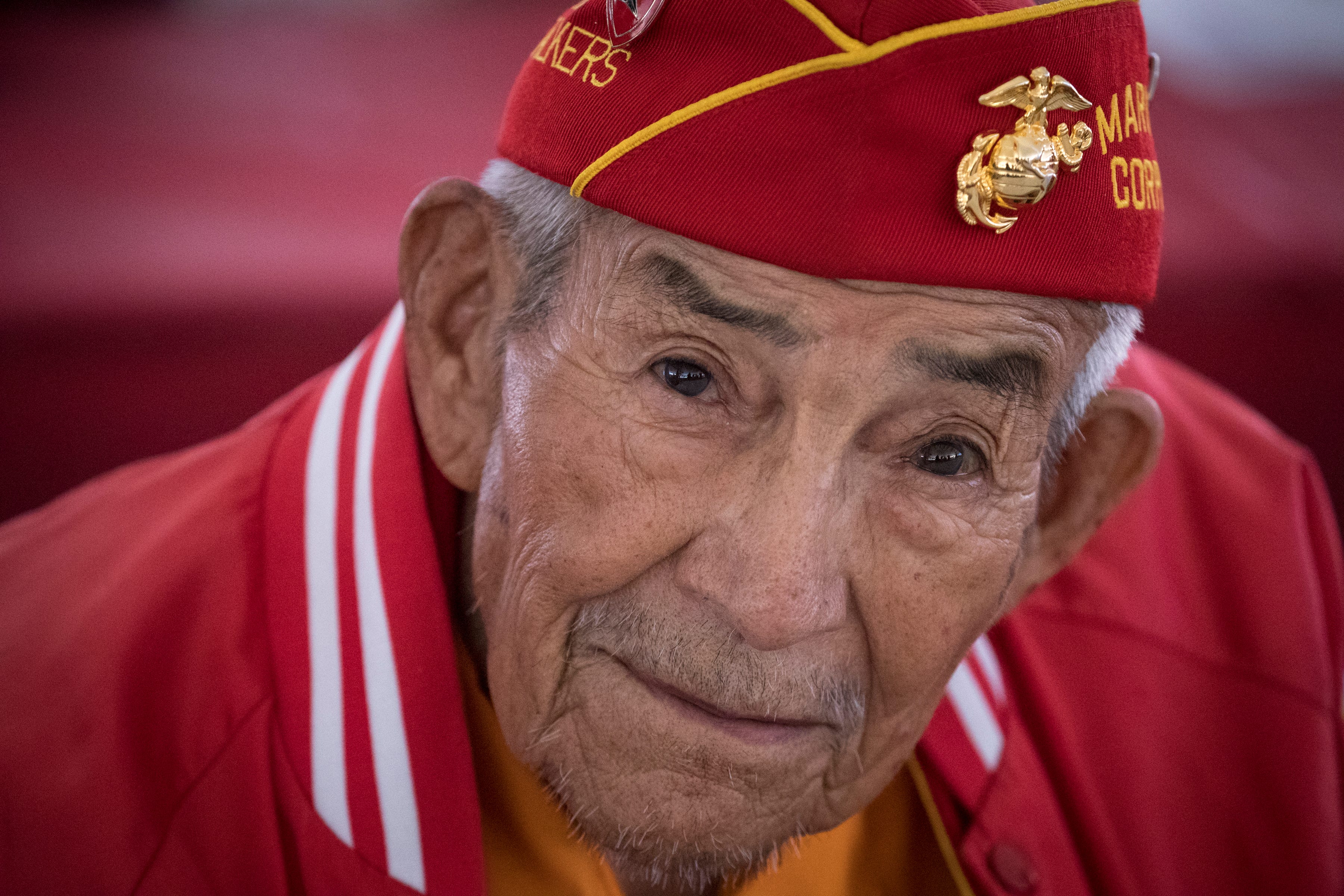 Navajo Code Talker Alfred Newman listens to the Marine Forces Reserve Band during the Navajo Nation Code Talkers Day ceremony Aug. 14, 2018, at the Veterans Memorial Park in Window Rock.