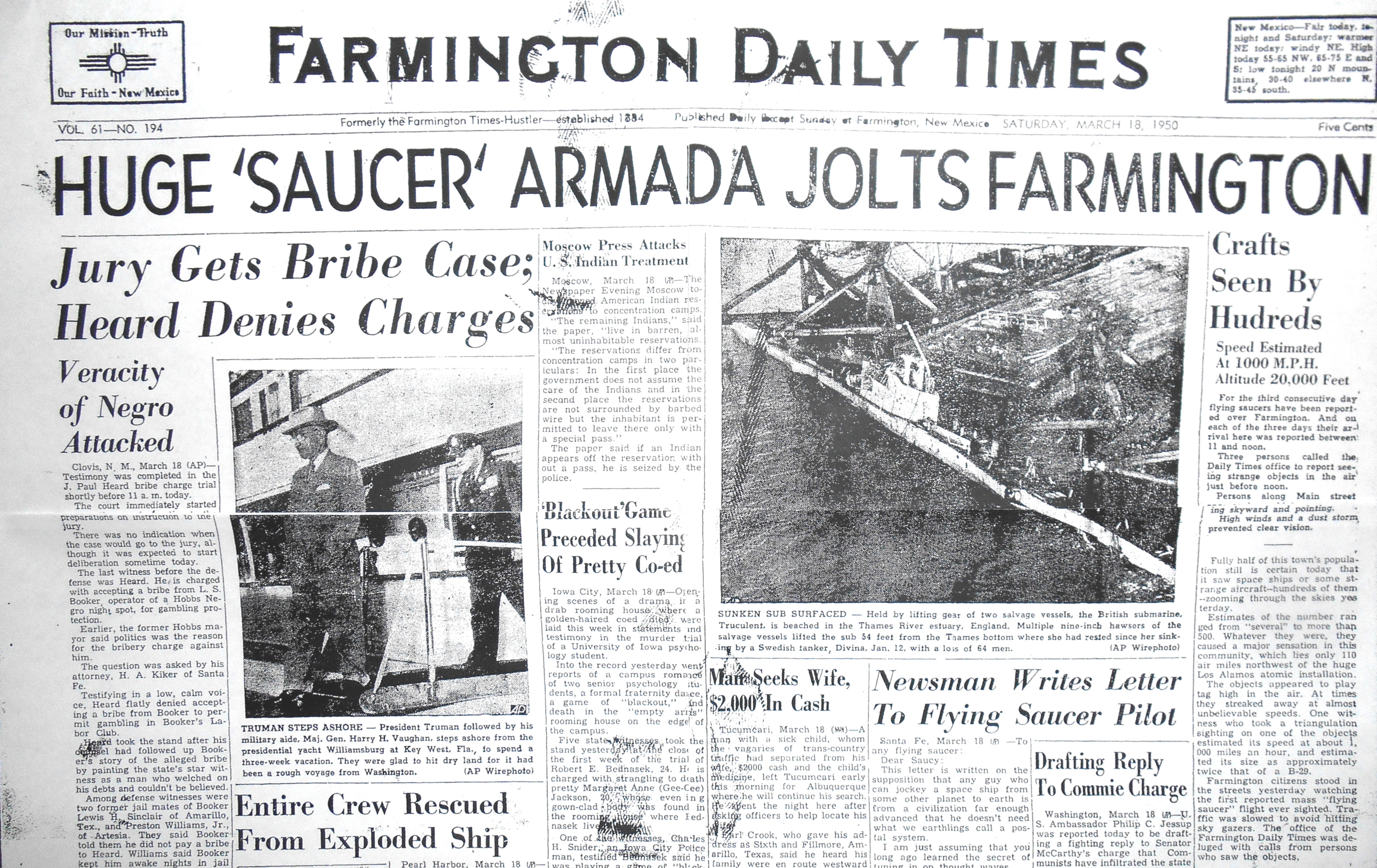 The front page of The Daily Times on March 18, 1950, chronicles the appearance of several strange objects in the sky above Farmington.