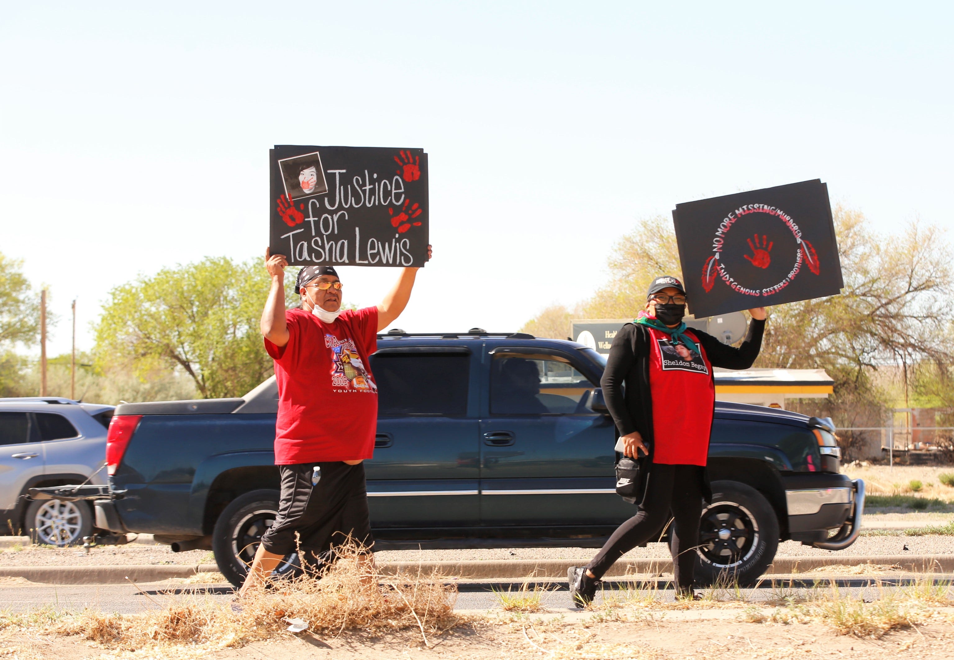 Signs remember Tasha Lewis, a 29-year-old Navajo woman who died on March 31 in Thoreau, and remembered by family members at the Missing and Murdered Indigenous Women walk on May 5 in Shiprock. Family members question the circumstances of her death and the investigation by law enforcement.