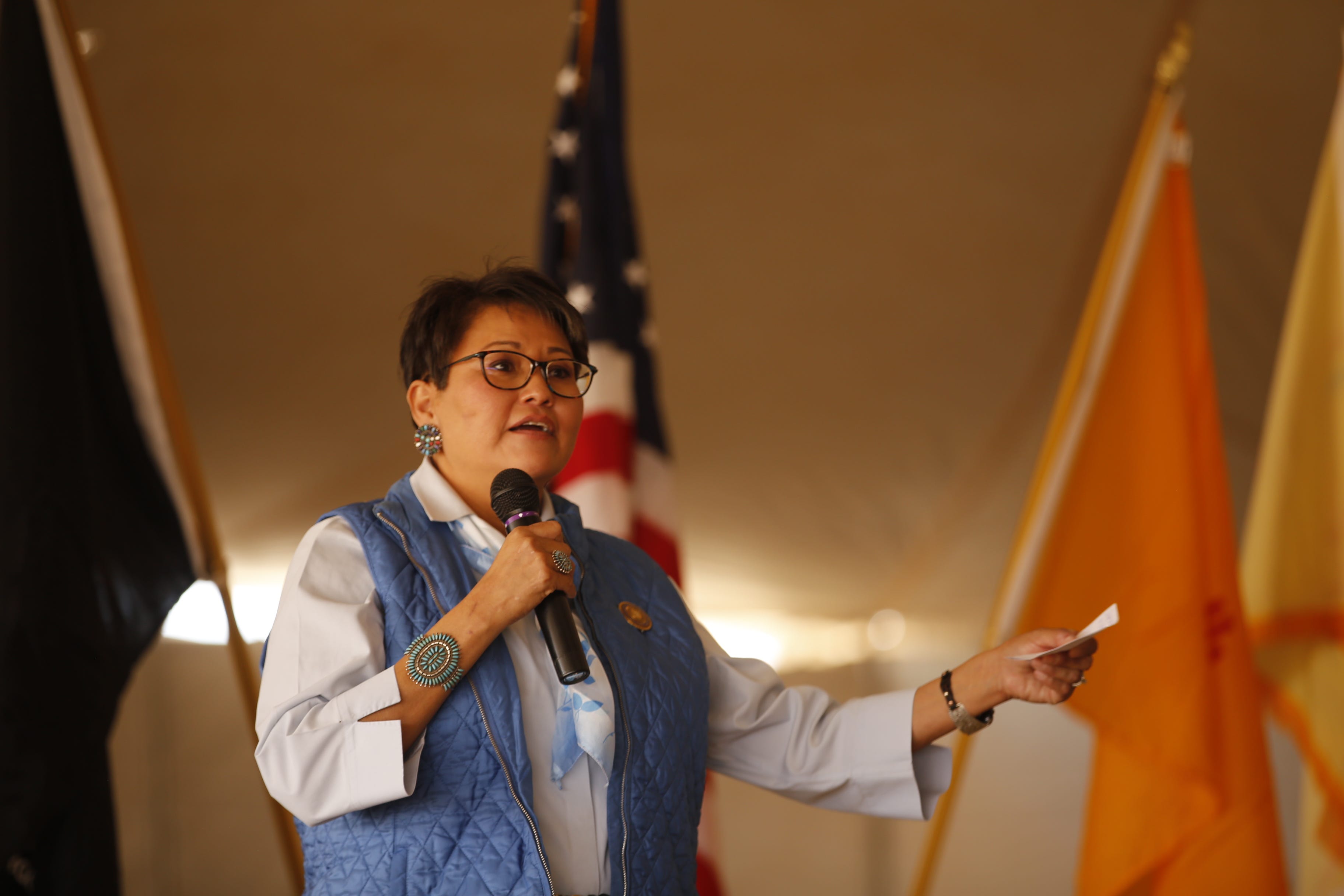 Navajo Nation Council Delegate Eugenia Charles-Newton, who sponsored legislation opposing the closure of VA clinics proposed by the Veteran's Administration,  is seen speaking on April 2 at the 2022 National Vietnam War Veterans Day event in Shiprock.